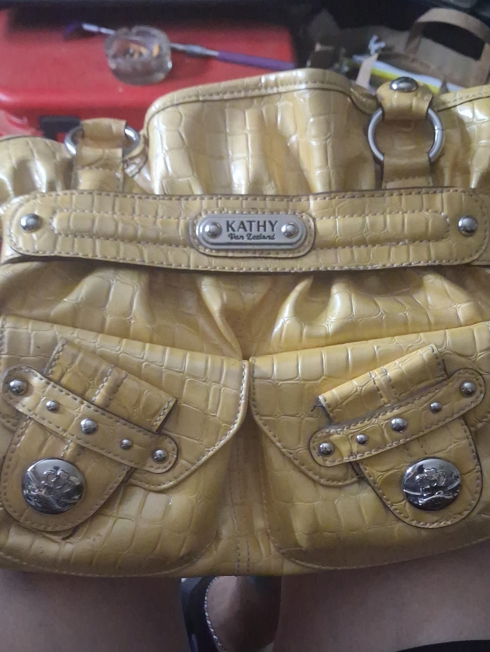 Kathy Van Zeeland Yellow Croc-Embossed Shoulder Bag